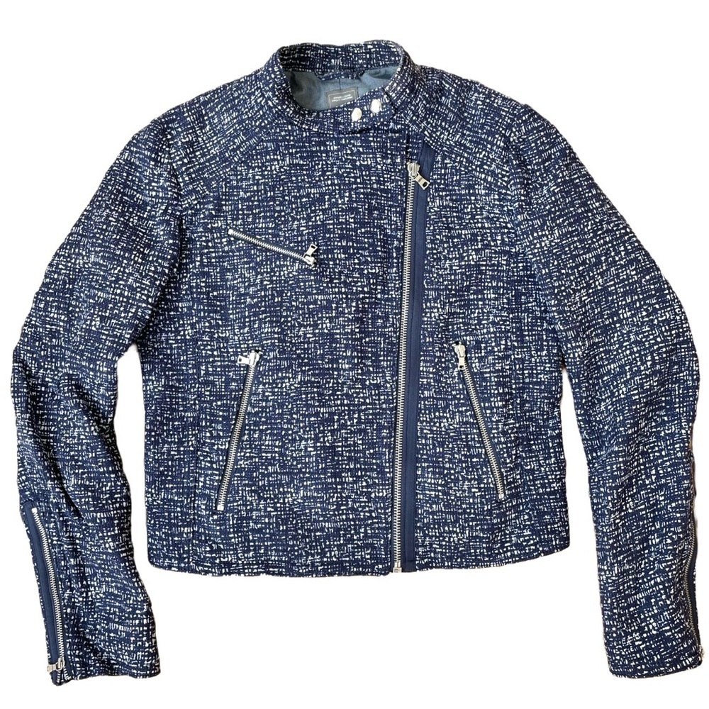 Gap Cotton Moto Style Jacket, Blue Print, Silver Hardware, Size Small - Picture 5 of 5